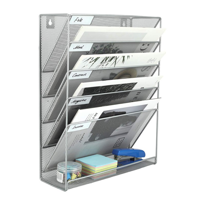 EasyPAG 5 Tier Wall File Holder, Mesh Hanging Folder Organizer with Classify Label, Versatile Desk File Holder, Vertical Wall Mounted Mail Organizer for Office Home Cubicle, Silver - Image 1